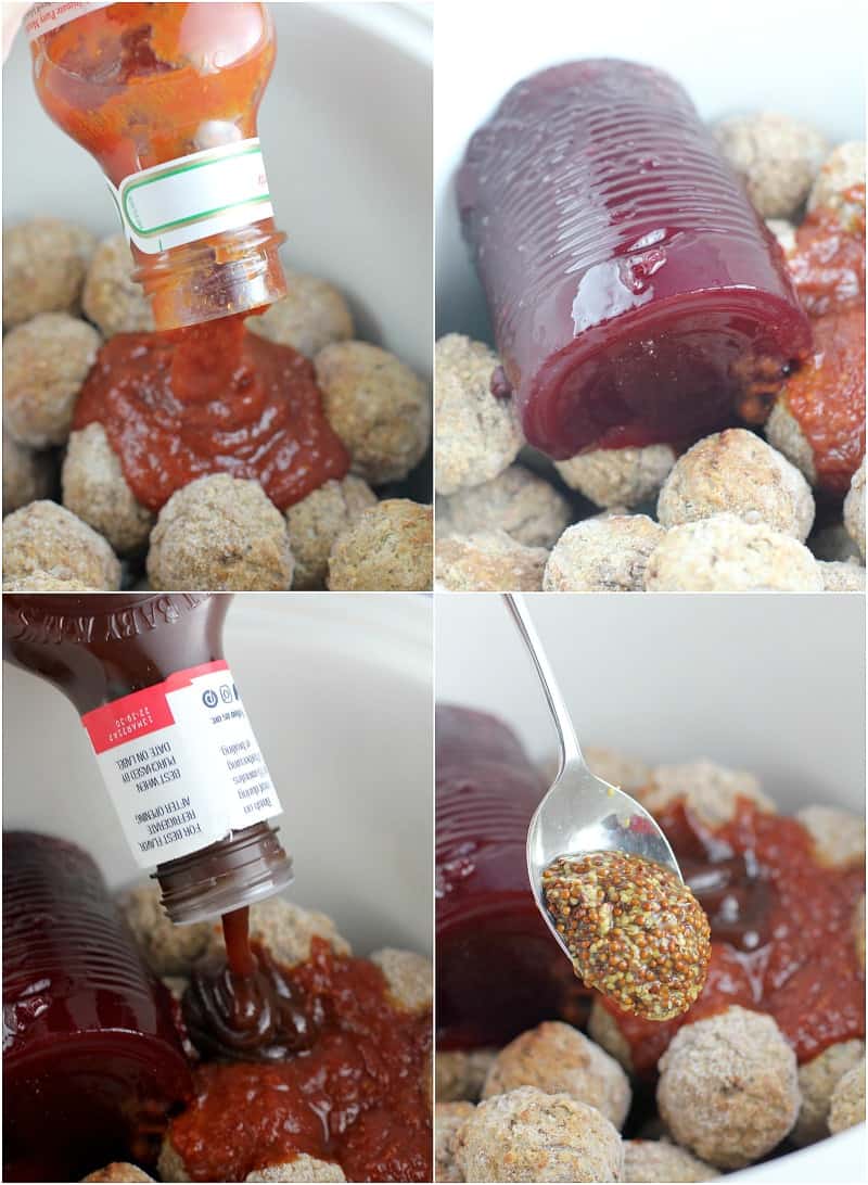 collage of 4 photos showing the addition of the sauce ingredients to the crockpot; clockwise, chili sauce, cranberry sauce, mustard, and bbq sauce