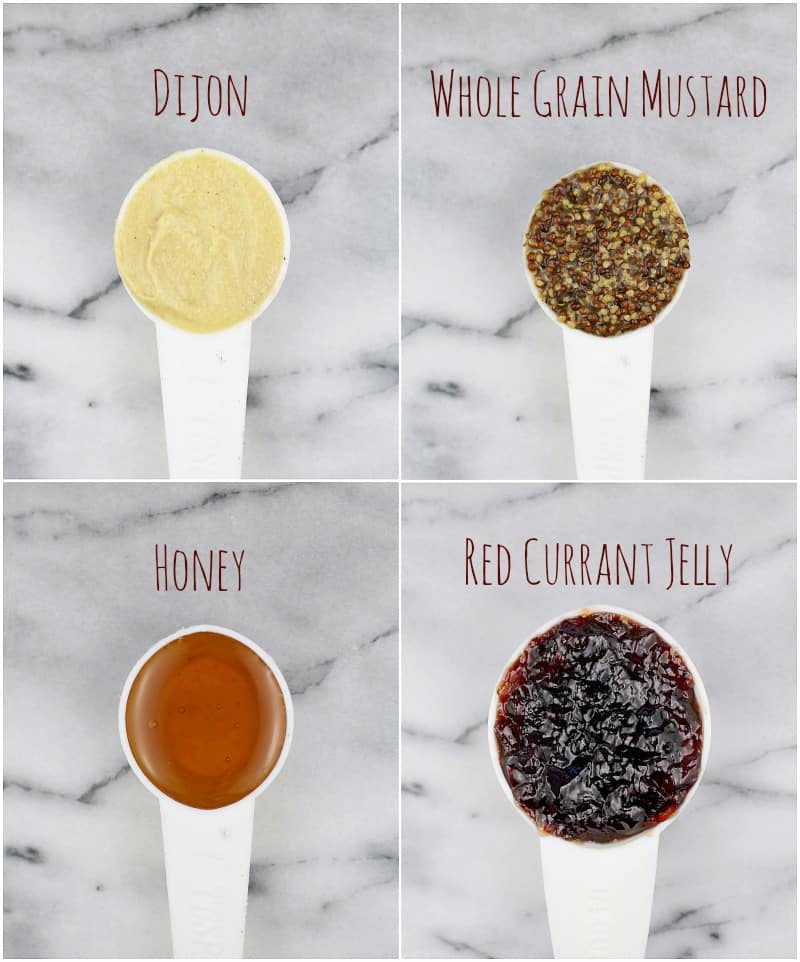 collage of 4 photos showing the red currant dip ingredients, each in a white measure on a marble surface