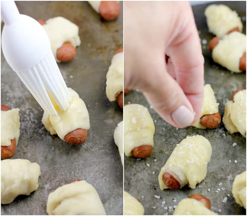 collage of 2 photos; left: brushing egg wash on an assembled piglet, and right; had sprinkling sea salt over top