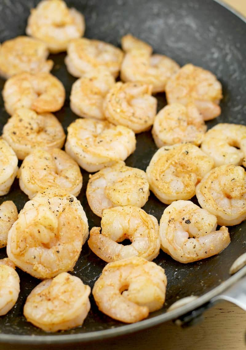 view into the skillet cooking the creole shrimp