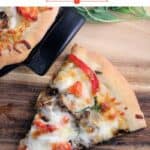 image for pinterest of finished recipe with text overlay French Onion Pizza