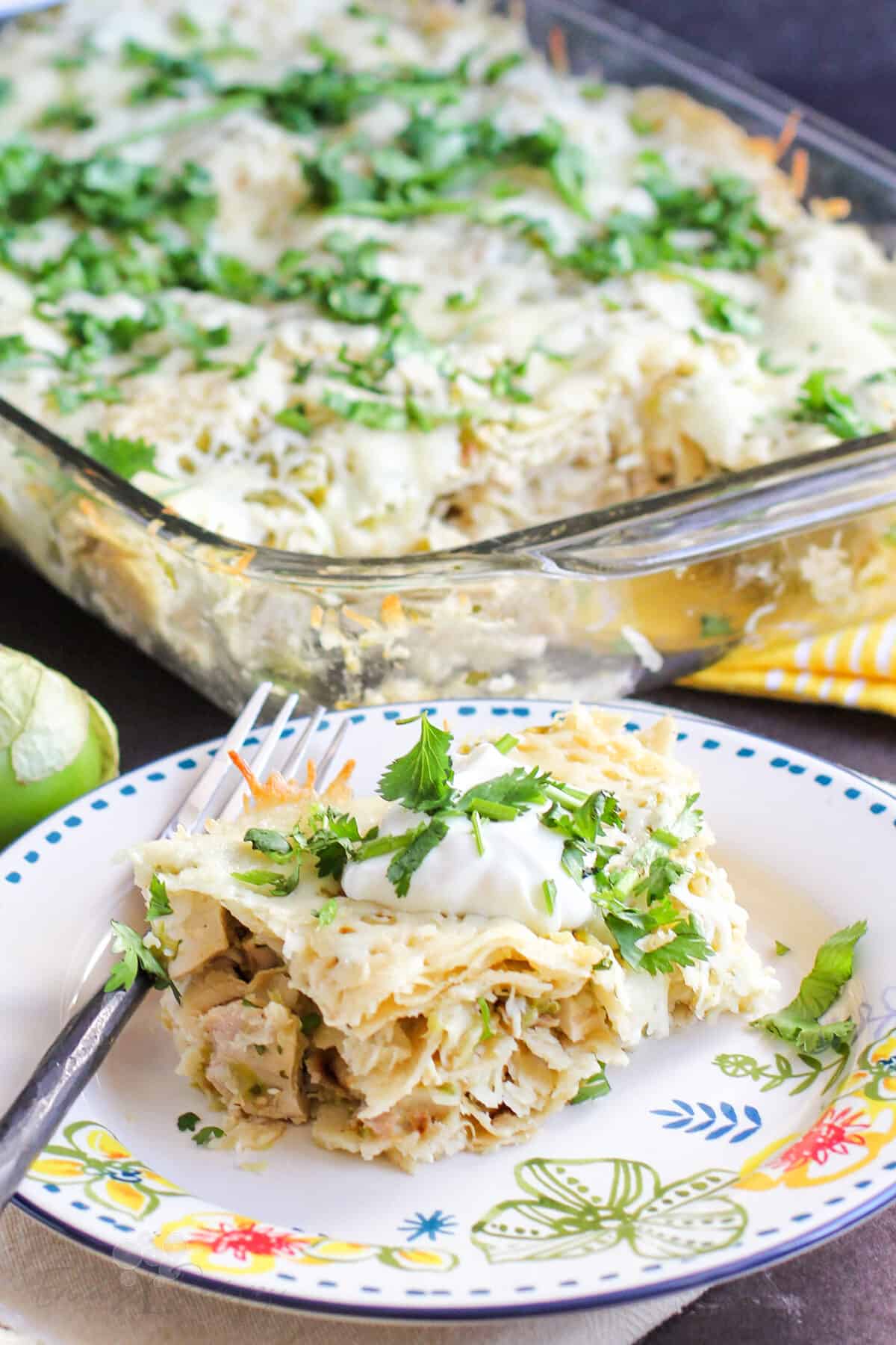 serving of casserole on plate with fork