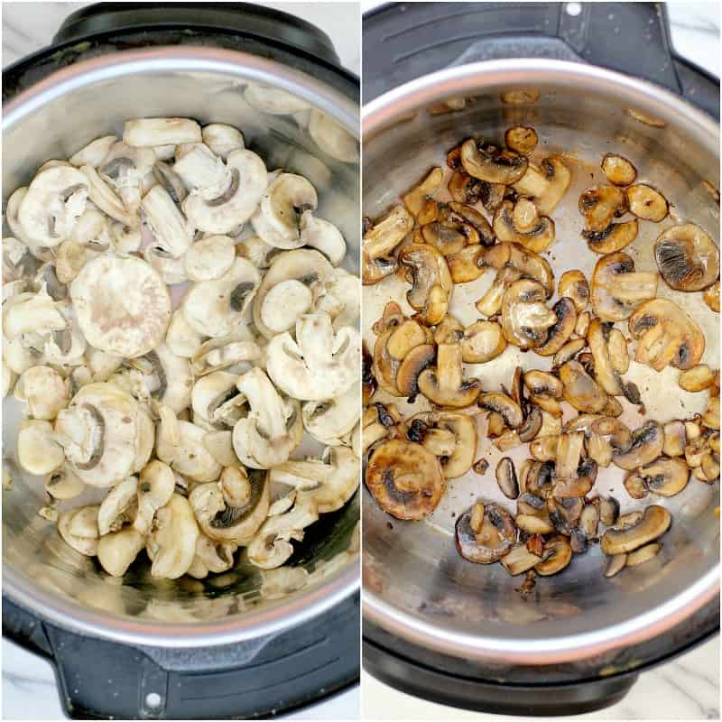 collage of 2 photos showing browning the mushrooms: left, raw mushrooms; right, browned mushrooms for the pressure cooker pot roast