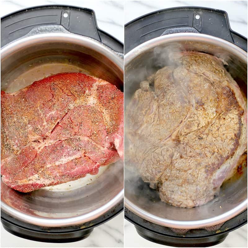 collage of 2 photos showing searing the Instant pot beef: left, raw meat in: right, seared roast