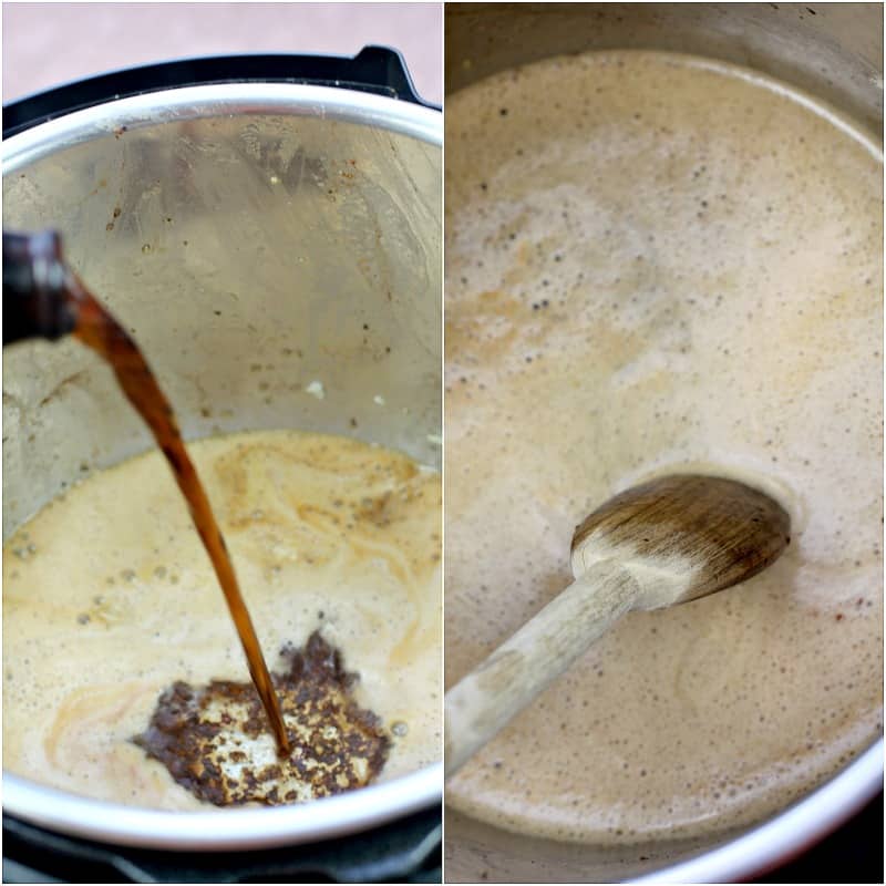 collage of two photos showing deglazing the pot: left, pouring in the beer; right, using a wooden spoon to scrape up the bits