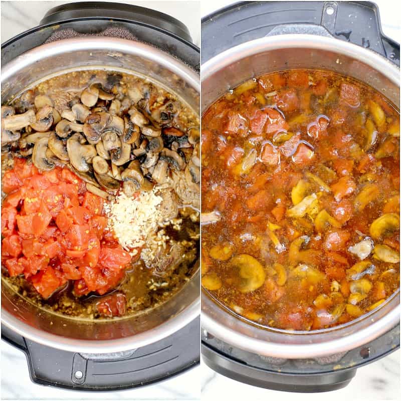 collage of 2 photos: left, tomatoes, mushrooms, and garlic added over the roast with beer; right, all of the ingredients after cooking submerged in the beer gravy