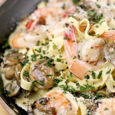 finished pesto shrimp pasta in a large nonstick skillet