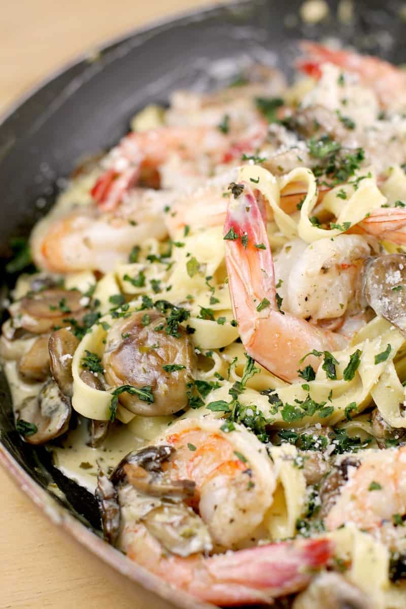 finished pesto shrimp pasta in a large nonstick skillet