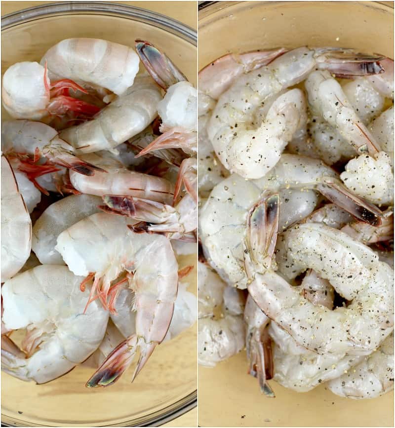 collage of the shrimp. Fresh and whole on the left; peeled and deveined on the right. In a glass bowl on both sides.