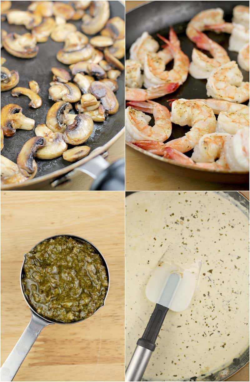 Collage of 4 photos to show steps: mushrooms sauteed in a black skillet; shrimp cooked in the same skillet; measuring cup filled with pesto on a wood board; finished creamy pesto sauce in a skillet with a spatula