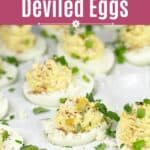 image for Pinterest with text overlay Mexican Street Corn Deviled Eggs