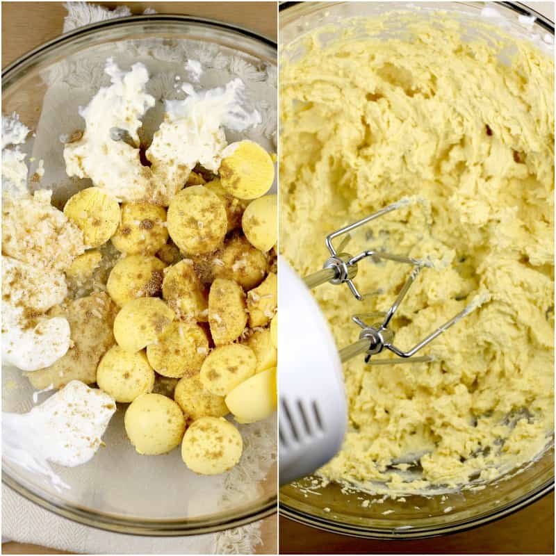 collage of 2 photos: egg yolk mixture ingredients in a glass bowl on the left; hand mixer blending the ingredients together on the right