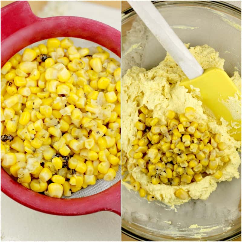 collage of 2 photos: corn in a strainer on the left; corn added to the egg yolk mixture on the right