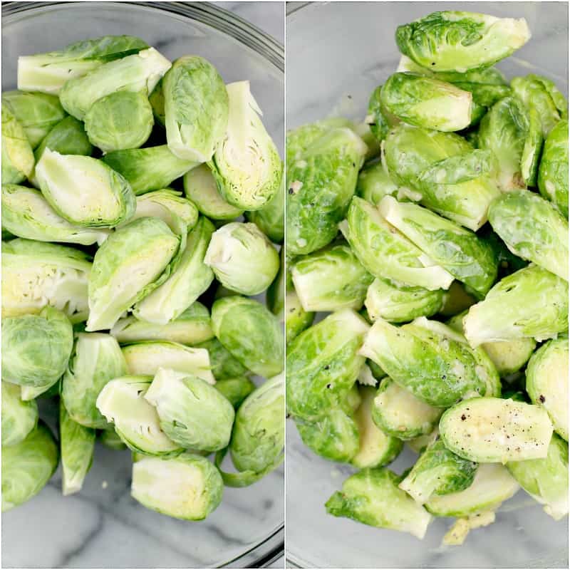 collage of 2 photos: left, sprouts in bowl; right, sprouts in bowl coated in vinaigrette