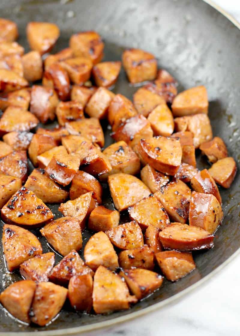 sauteed andouille sausage in a nonstick skillet