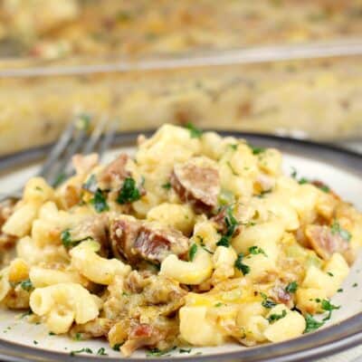 side view of plated recipe, casserole is blurred in the background