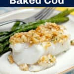 image for pinterest sharing with text overlay recipe title Boston Baked Cod