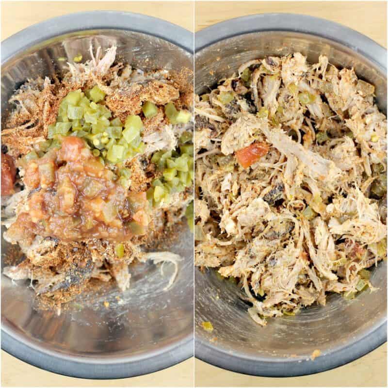 collage of 2 photos: left, the ingredients in a bowl; right, the ingredients combined