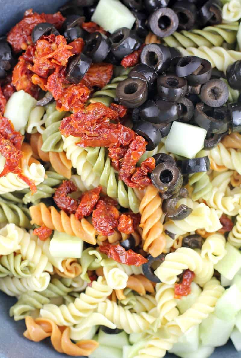 ingredients for rotini salad in a bowl