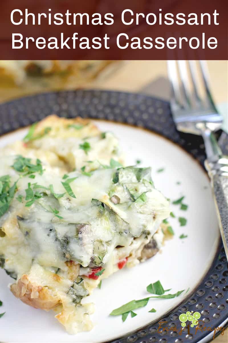 image for social media sharing with text overlay of recipe title above croissant egg bake on a dish with a fork