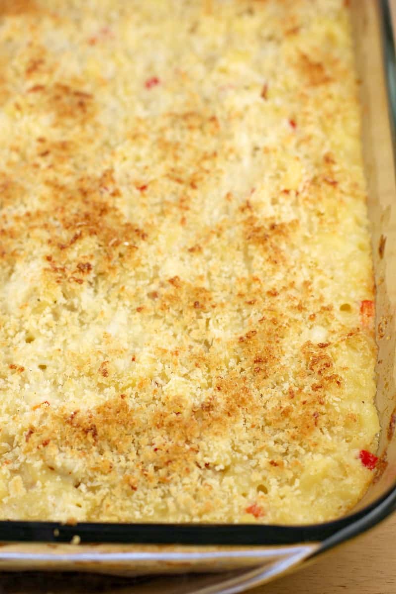 cooked casserole in bake dish before topping with remoulade and parsley