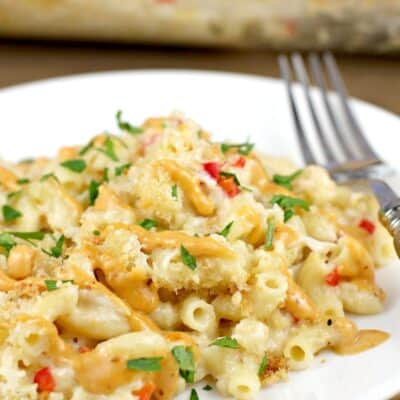 crab mac and cheese on white plate with fork