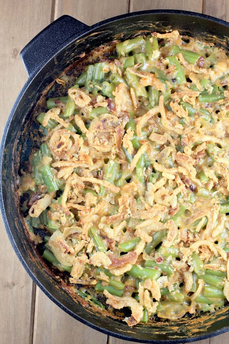 top down view of cooked casserole showing crunchy onions on top