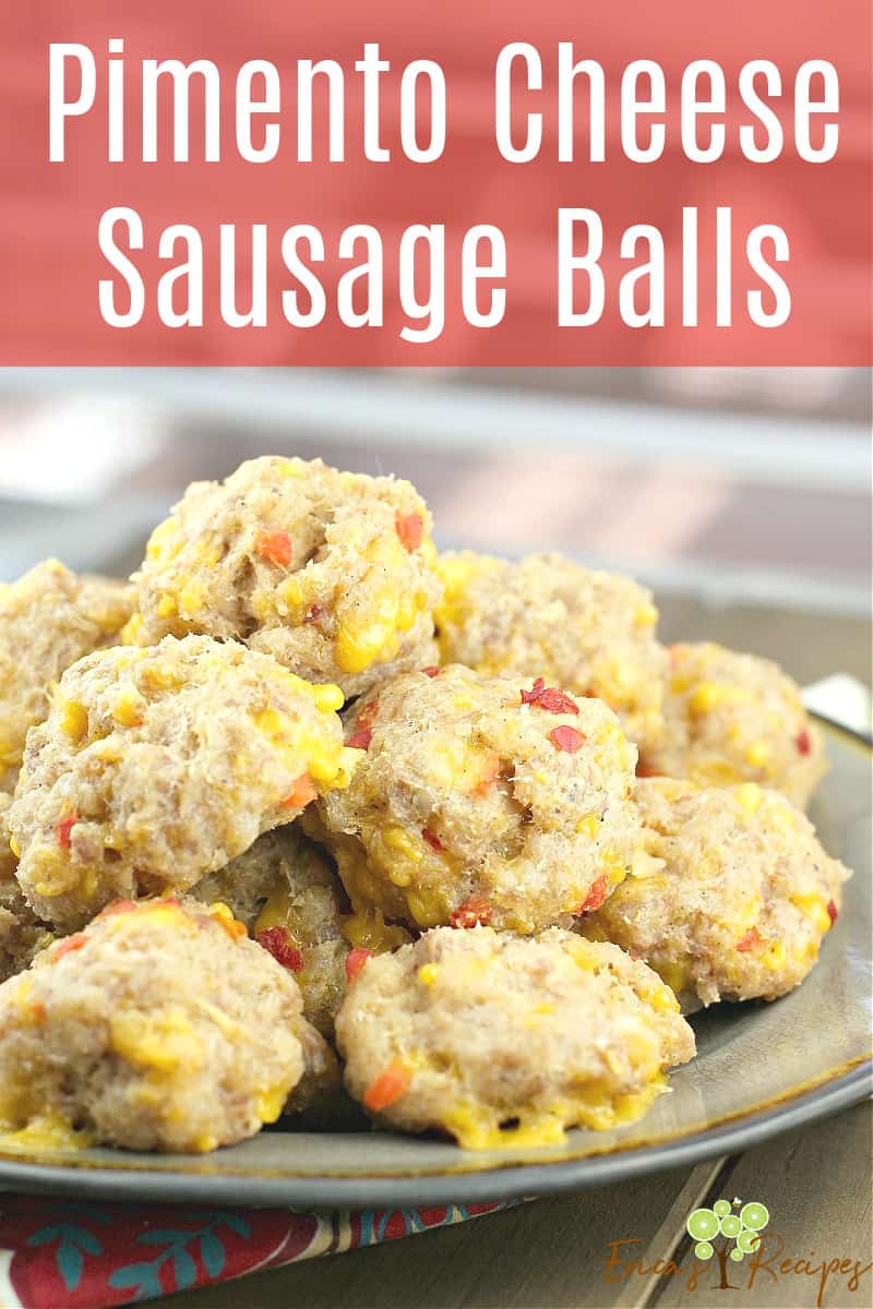 image for pinterest with sausage balls on a plate and text overlay of recipe title