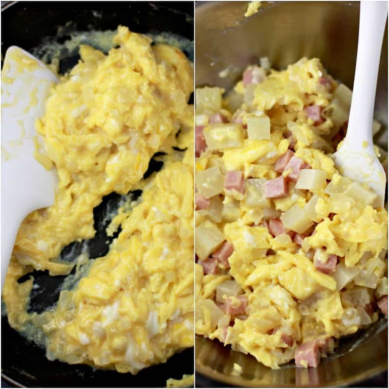 collage of 2 photos: left, scrambled egg and onion with white spatula; right, ham and potato added to the egg