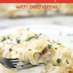 image for pinterest with text overlay of recipe name Ham and Cheese Breakfast Crepes with Bechamel