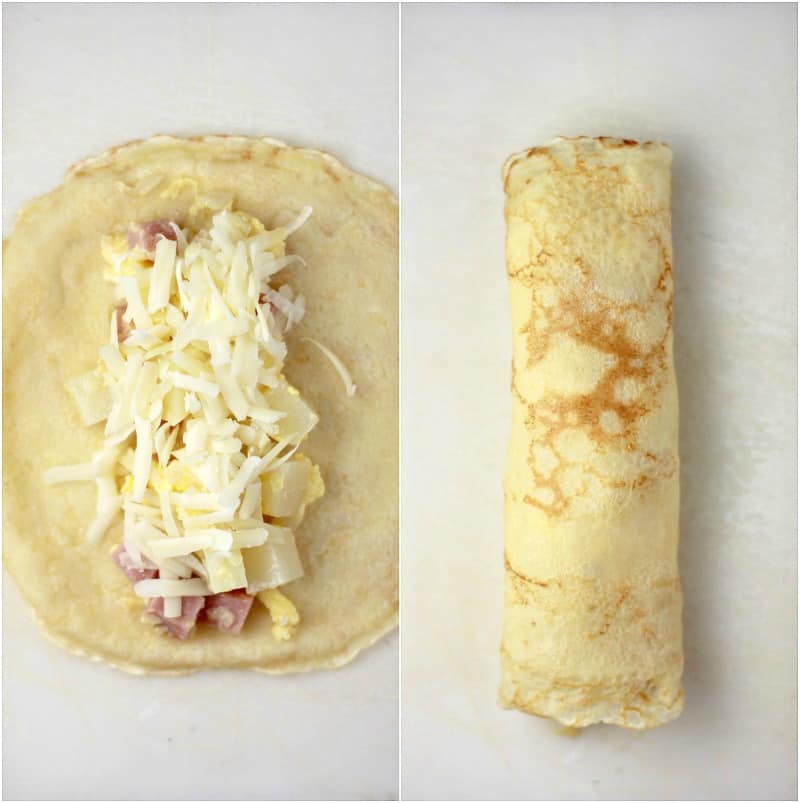 collage of 2 photos: left, crepe filling and cheese on an open crepe; right, crepe rolled up around filling