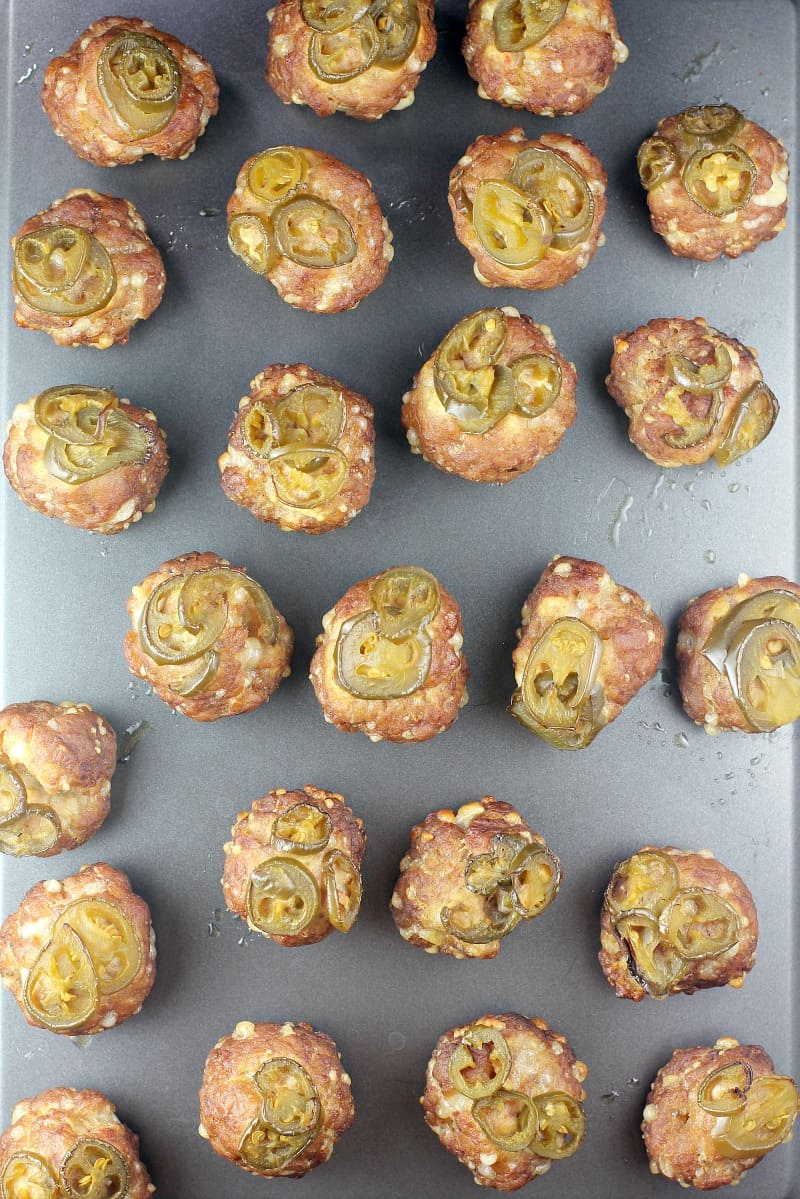 top down view of a bake sheet with sausage balls