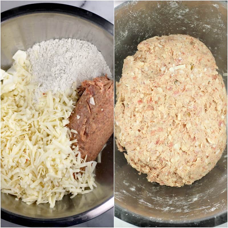 collage of 2 photos: left, dough ingredients in metal bowl; right, mixed dough