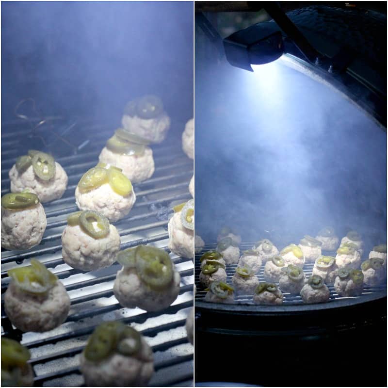 collage of 2 photos: left, sausage balls on grill grate in Big Green Egg; right, pulled out view of Big Green Egg with smoke all around the cooking sausage balls