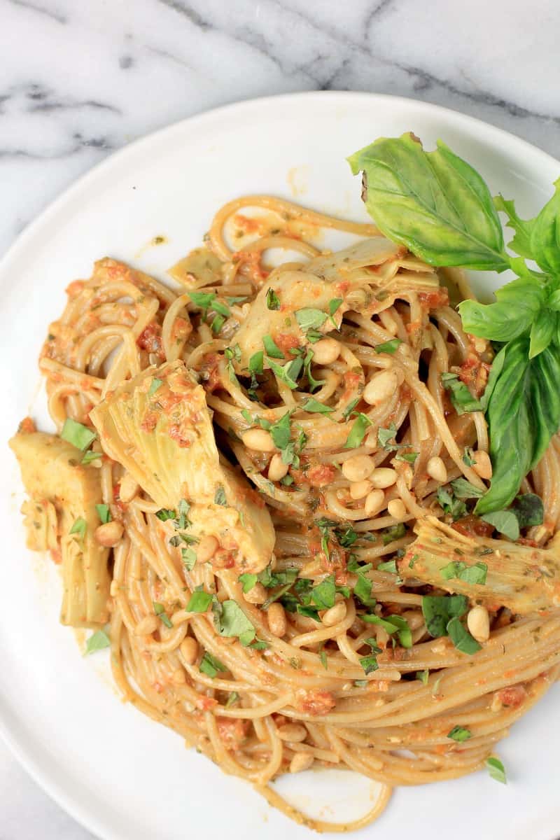 top down view of spaghetti on white plate