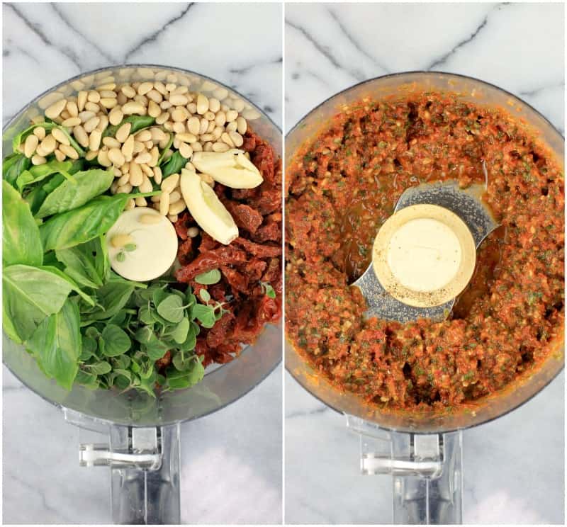 collage of 2 photos: left, pesto ingredients in food processor bowl; right, processed pesto in food processor bowl