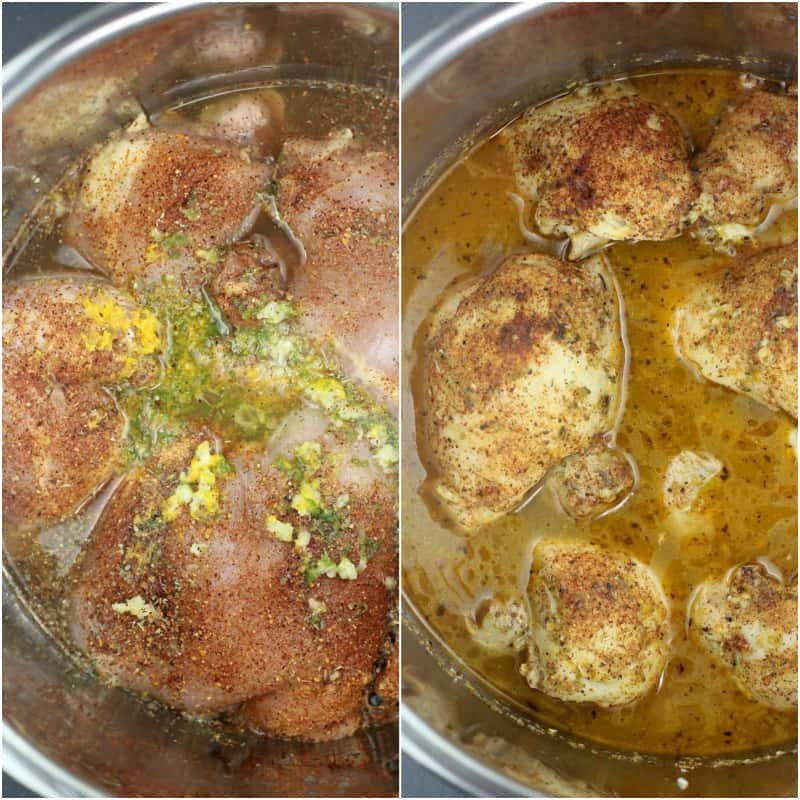 collage of 2 photos: left, uncooked chicken thighs in Instant Pot; right, cooked chicken thighs