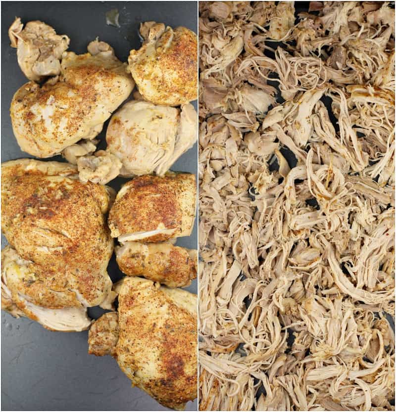 collage of 2 photos: left; cooked chicken before shredding; right, shredded chicken