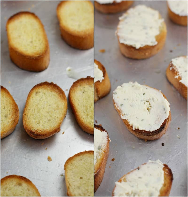 collage of 2 photos: left, toasted bread slices; right, bread slices with Boursin spread on top