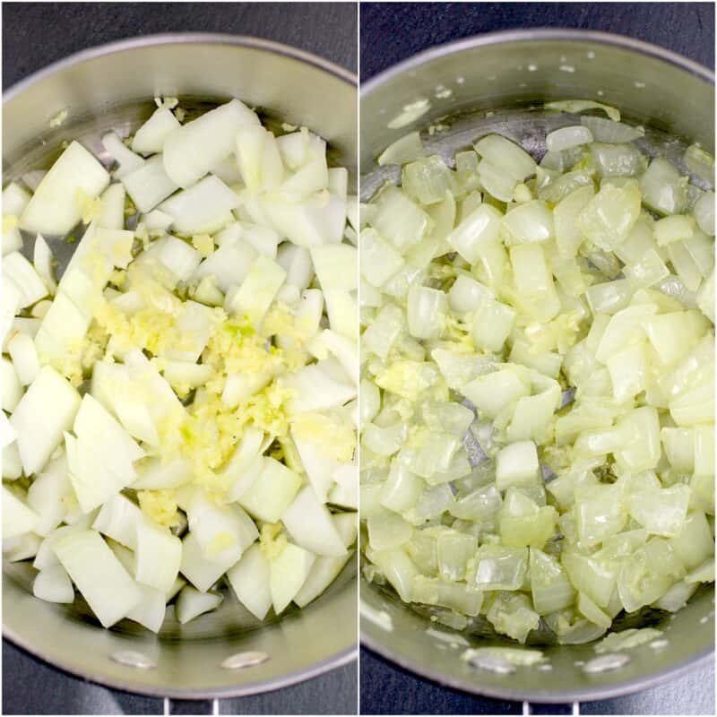 collage of 2 photos: left, raw onion and garlic in saucepan; right, cooked onion and garlic in saucepan