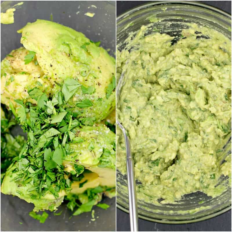 collage of 2 photos: left, guacamole ingredients in a glass bowl; right, guacamole ingredients mixed together with a fork