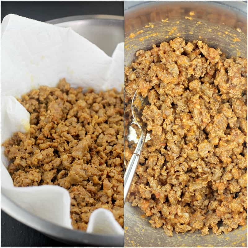 collage of 2 photos: left, cooked chorizo in paper towels draining; right, chorizo mixed with huevos ranchero sauce in a metal bowl with a fork