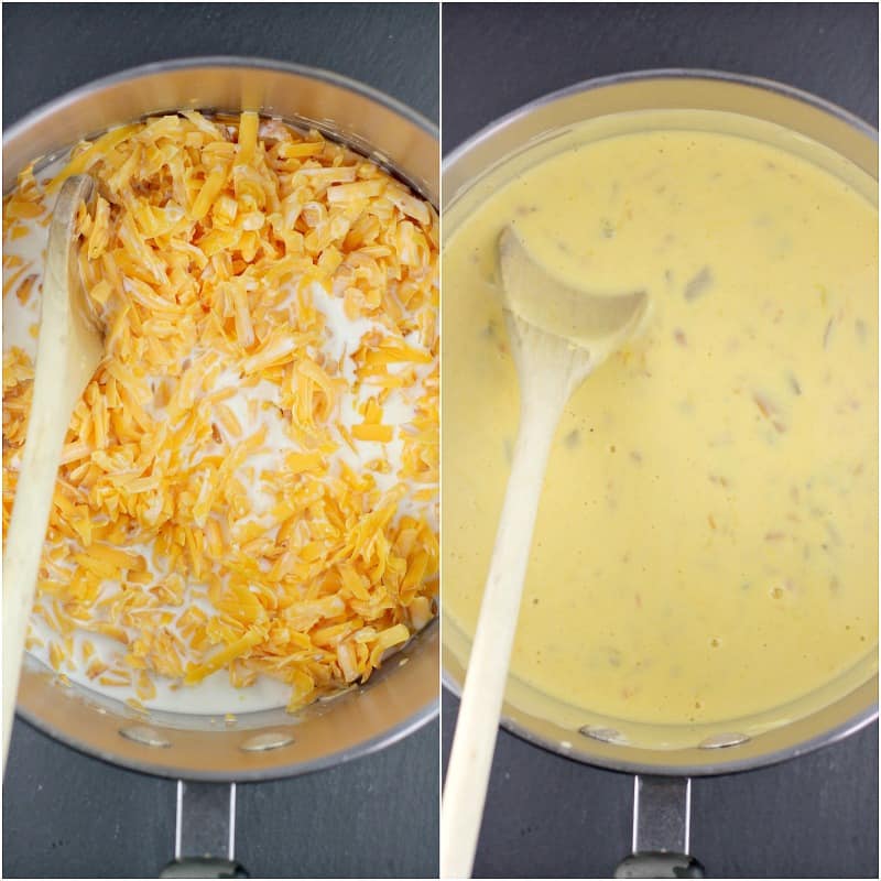 collage of 2 photos: left, smoked cheddar cheese and half and half in a sauce pan with wooden spoon; right, melted combined queso