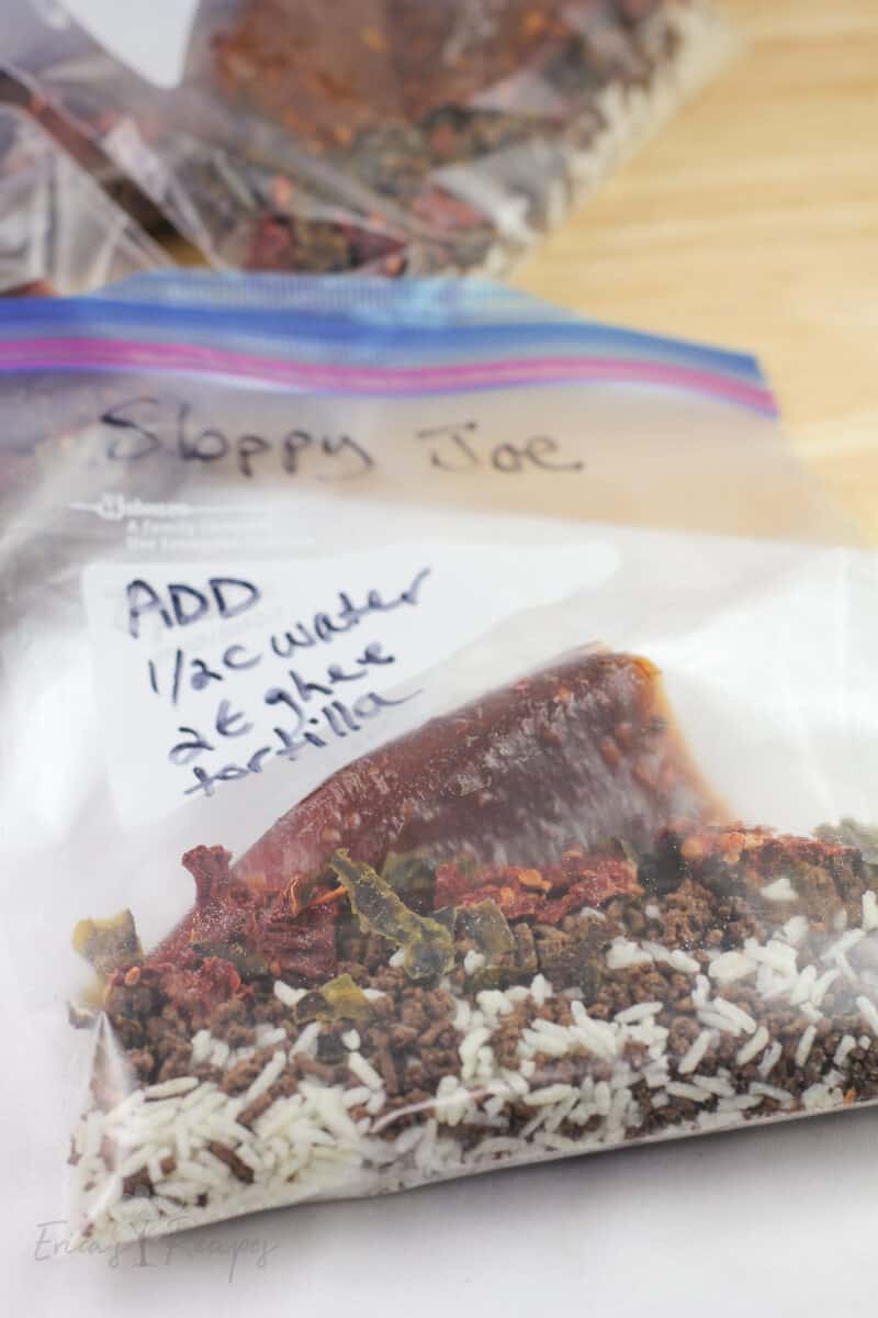 dehydrated recipe ingredients in labeled ziploc bag