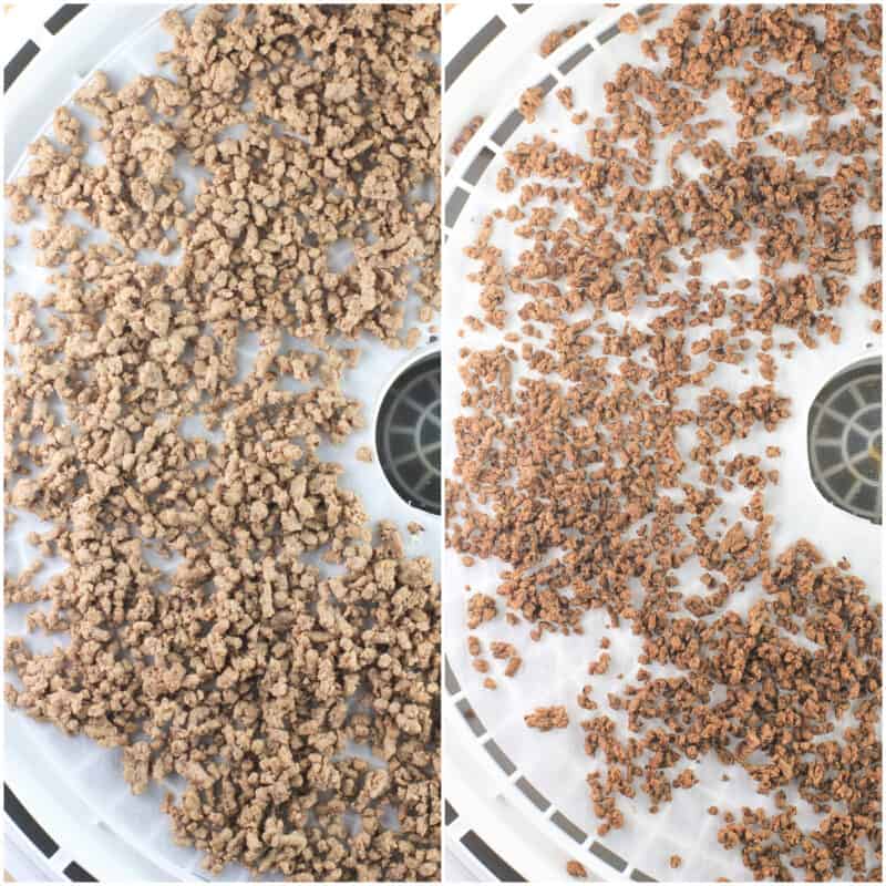 collage of 2 photos: left, cooked ground beef; right, dehydrated beef