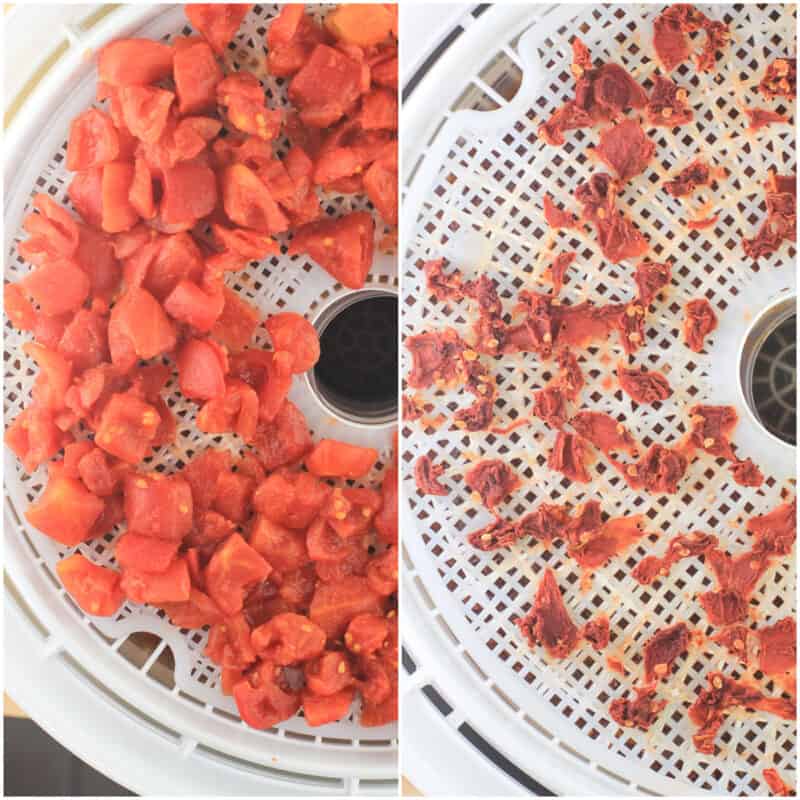 collage of 2 photos: left, diced tomato; right, dehydrated tomato