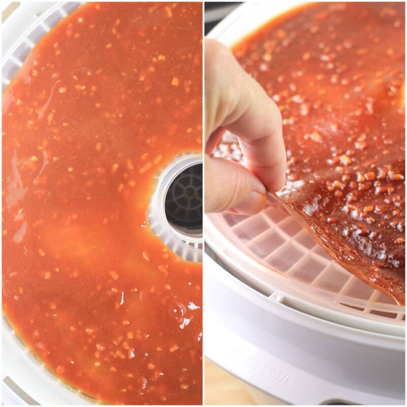 collage of 2 photos: left, mixed sauce; right, dehydrated sauce leather