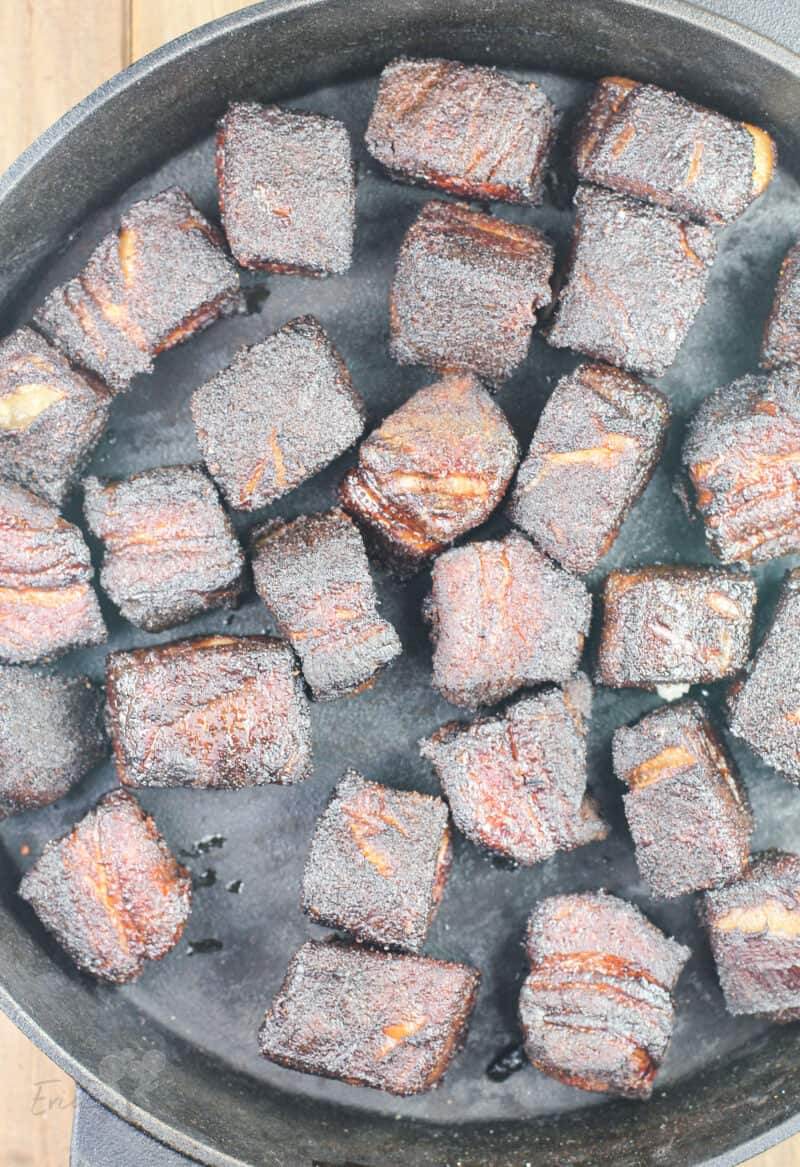 smoked pork belly in pan before glazing