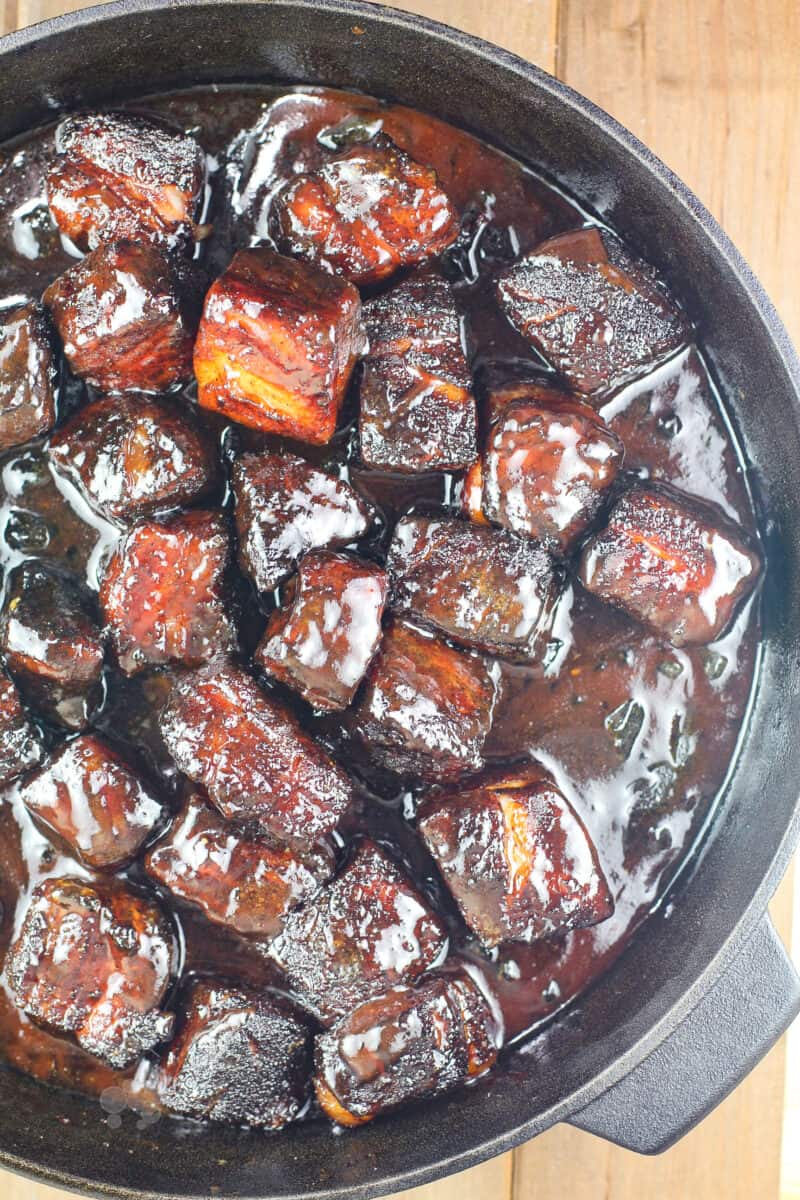pork belly burnt ends in cast iron pan