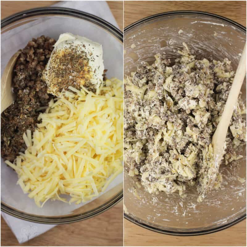 collage of 2 photos: left, filling ingredients; right, combined filling ingredients in glass bowl on wood surface